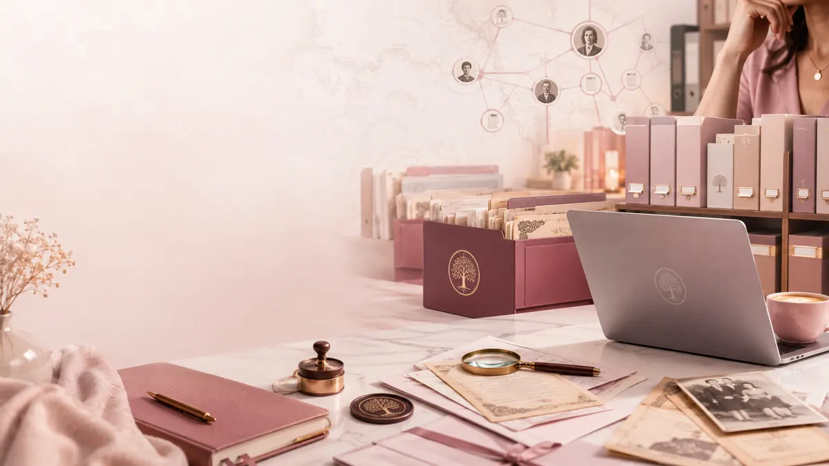 Mesa de trabalho com documentos antigos, mapas e uma xícara de café